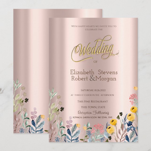 Invitación Acuarela Pradera de Flores Silvestres Rosa Dorado (Anverso / Reverso)