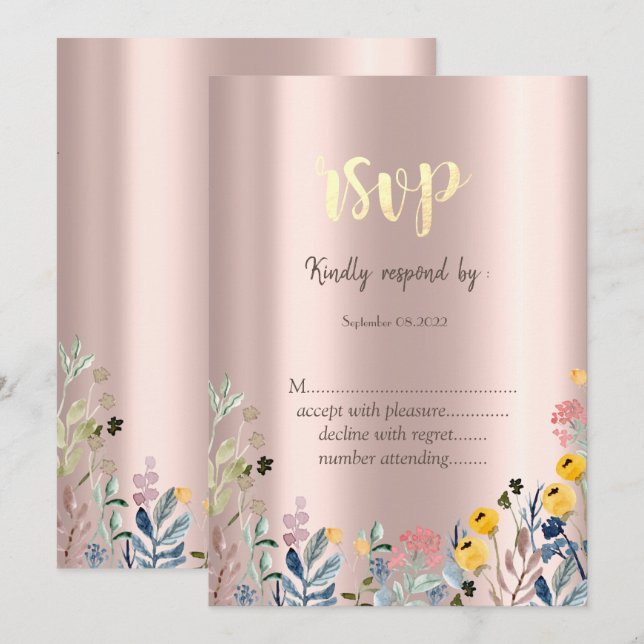 Invitación Acuarela Pradera de Flores Silvestres Rosa Oro (Anverso / Reverso)