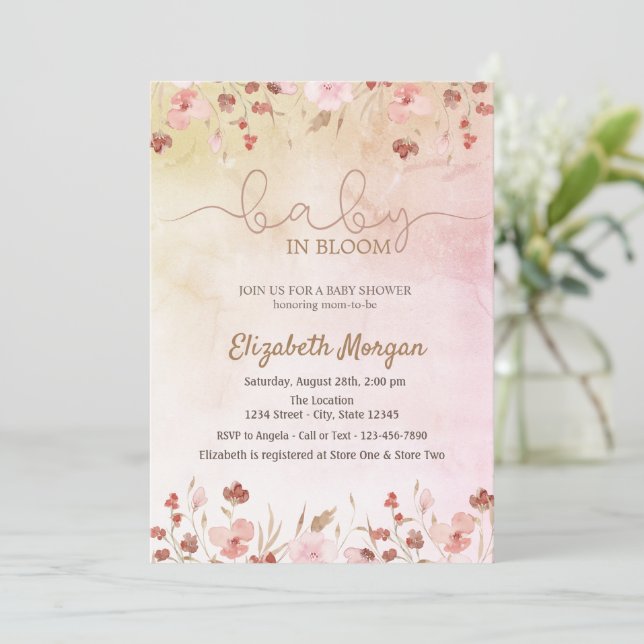 Invitación Acuarela pradera flores rosadas bebé en flor (Anverso de pie)
