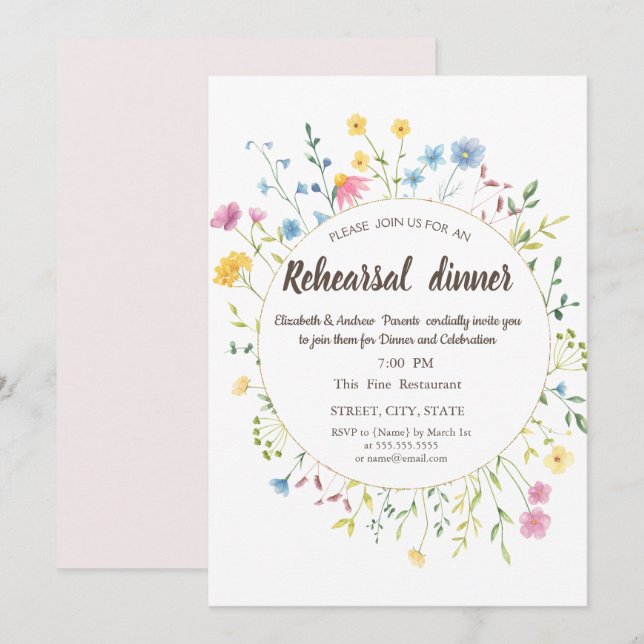 Invitación Acuarela  Prado de Flores Silvestres  Marco (Anverso / Reverso)