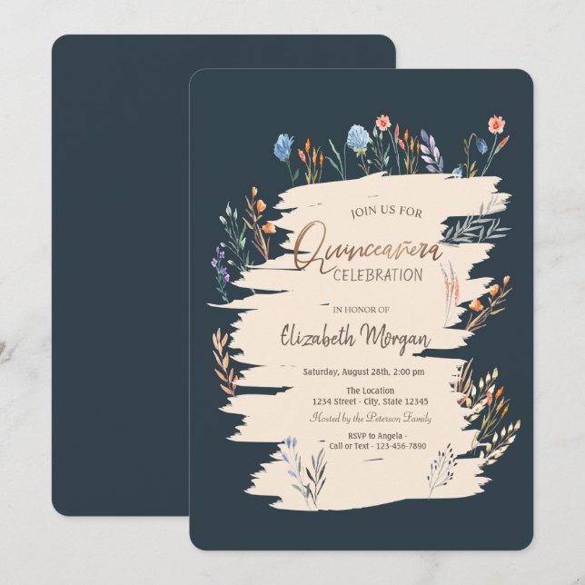 Invitación Acuarela Prado primaveral de flores silvestres Qui (Anverso / Reverso)