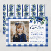 Acuarela Preppy de Flores Azules Marinos a Cuadros