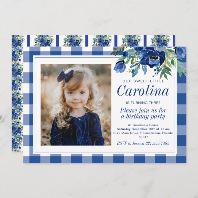 Invitación Acuarela Preppy de Flores Azules y Gingham (Anverso / Reverso)
