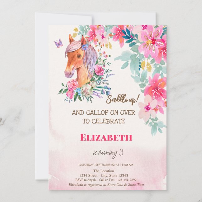 Invitación Acuarela Primavera Flores Pony Cumpleaños (Anverso)