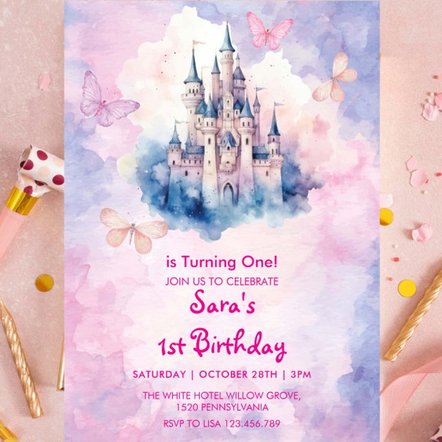 Invitación Acuarela Primer Castillo de Cumpleaños y Mariposa (Subido por el creador)