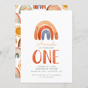 Invitación Acuarela Primer cumpleaños del arco iris moderno B