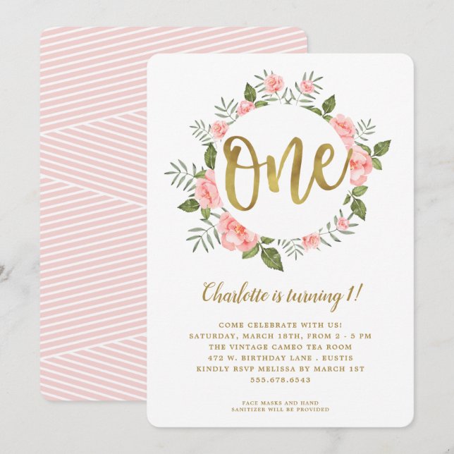 Invitación Acuarela Primer Cumpleaños Oro y Floral Rosa (Anverso / Reverso)