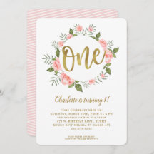 Acuarela Primer Cumpleaños Oro y Floral Rosa