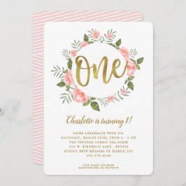 Invitación Acuarela Primer Cumpleaños Oro y Floral Rosa