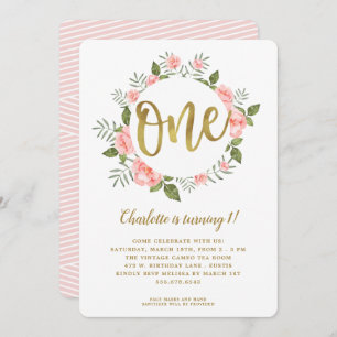 Invitación Acuarela Primer Cumpleaños Oro y Floral Rosa