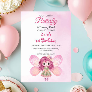 Invitación Acuarela Primera Chica Rosa de Cumpleaños Mariposa