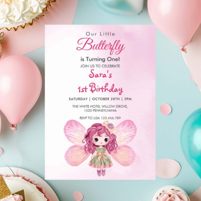 Invitación Acuarela Primera Chica Rosa de Cumpleaños Mariposa (Subido por el creador)