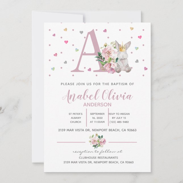 Invitación Acuarela Princesa Conejo Bebé Bautismo (Anverso)