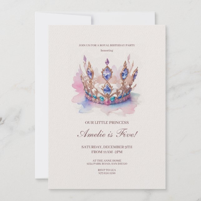 Invitación Acuarela Princesa Rosa Corona cuento de hadas Cump (Anverso)