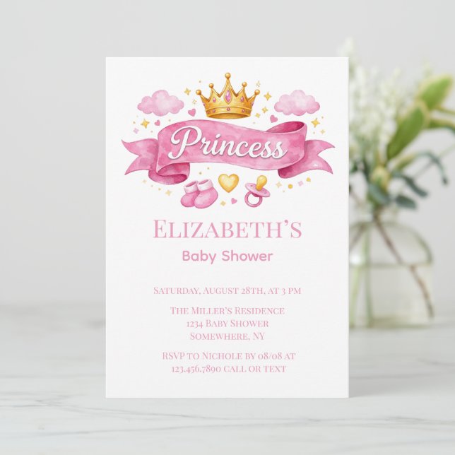 Invitación Acuarela Princesa Rosa Fiesta de Bebé Niña (Anverso de pie)