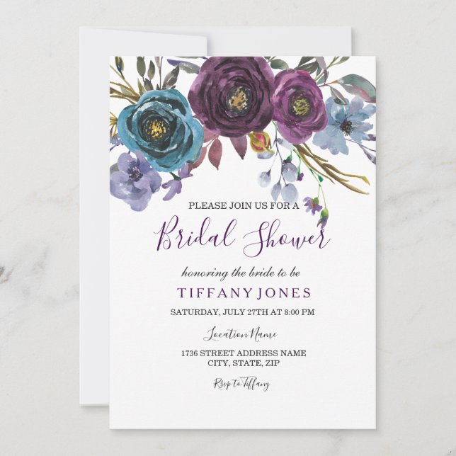 Invitación Acuarela Purple Floral Elegante Ducha Bridal (Anverso)
