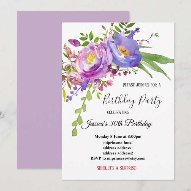 Invitación acuarela púrpura rosa cumpleaños floral (Anverso / Reverso)