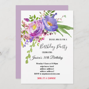 Invitación acuarela púrpura rosa cumpleaños floral