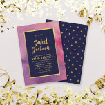 Invitación Acuarela Púrpura Rosa y Faux Gold Sweteen<br><div class="desc">Esta elegante invitación a la marca Sweet 16 tiene una acuarela color rosa morado, las palabras "Sweet Sixteen" (Dieciséis Dulces) y un borde de Relieve metalizado de oro falso y un centro azul oscuro. La invitación tiene un patrón falso de punto de polka de Relieve metalizado dorado contra un fondo...</div>