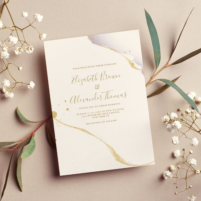 Invitación acuarela púrpura simple y boda purpurina dorado (Simple purple watercolor and gold glitter wedding)
