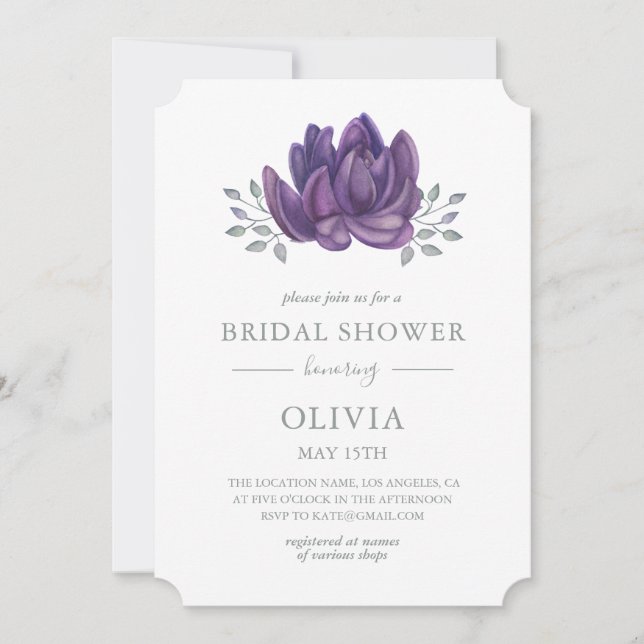 Invitación Acuarela púrpura suculenta. Floral Bridal Shower (Anverso)