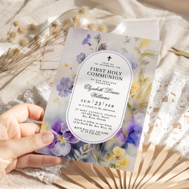 Invitación Acuarela Púrpura y Amarillo Primera Comunión Santa (Subido por el creador)