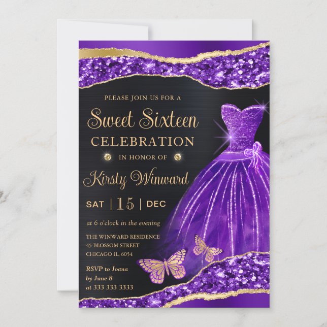 Invitación Acuarela Purpurina de oro morado vestido dulce die (Anverso)