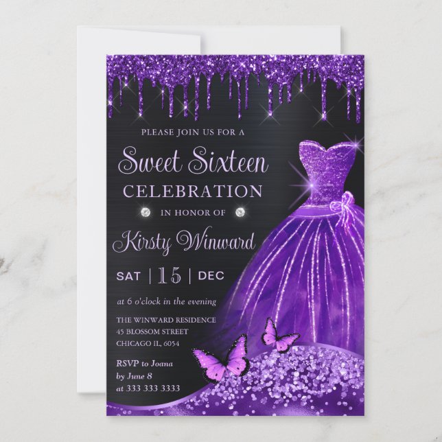 Invitación Acuarela Purpurina púrpura vestido dulce dieciséis (Anverso)