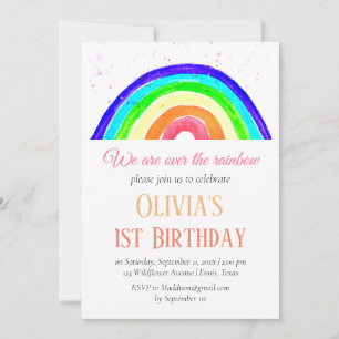 Invitación Acuarela Rainbow Girly Primer Cumpleaños