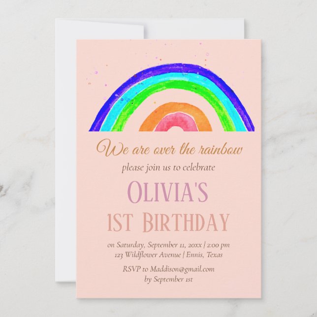 Invitación Acuarela Rainbow Girly Primer Cumpleaños (Anverso)