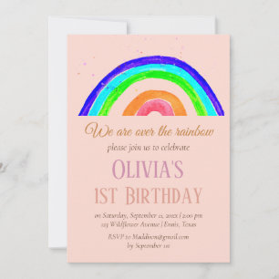 Invitación Acuarela Rainbow Girly Primer Cumpleaños
