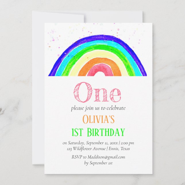 Invitación Acuarela Rainbow Girly Primer Cumpleaños (Anverso)