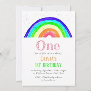 Invitación Acuarela Rainbow Girly Primer Cumpleaños