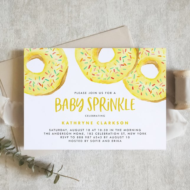 Invitación Acuarela Rasplante Amarillo Donuts Bebé Sprinkle (Subido por el creador)