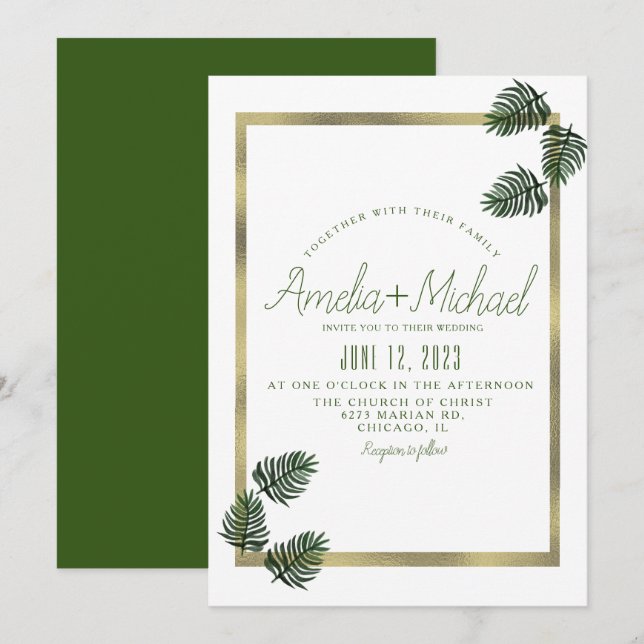 Invitación Acuarela Relieve metalizado tropical Boda de palma (Anverso / Reverso)