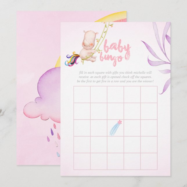Invitación Acuarela Rhino Unicornio Bebé Chica Bower Bingo (Anverso / Reverso)