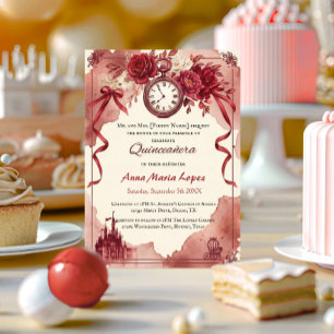 Invitación Acuarela roja tema de Cenicienta quinceañera