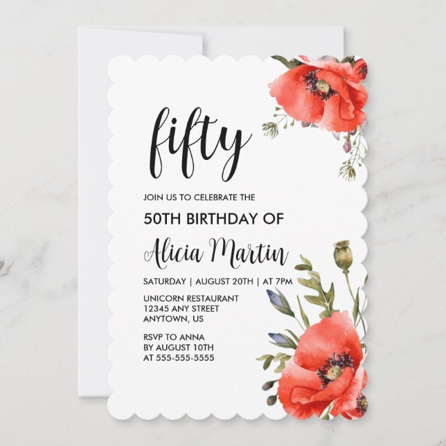 Invitación Acuarela Rojo Poppy Greenery Cincuenta Años (Anverso)