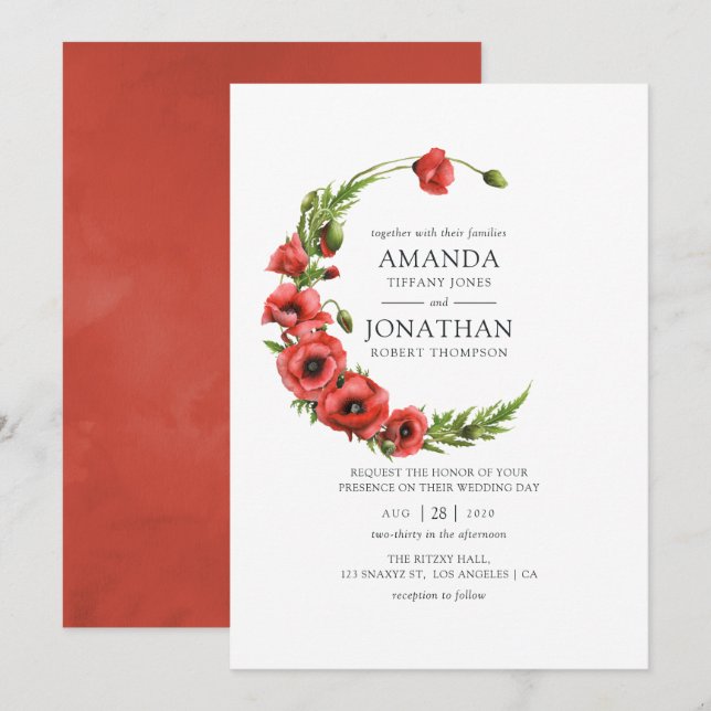 Invitación Acuarela Rojo Poppy Rústica boda de campo (Anverso / Reverso)