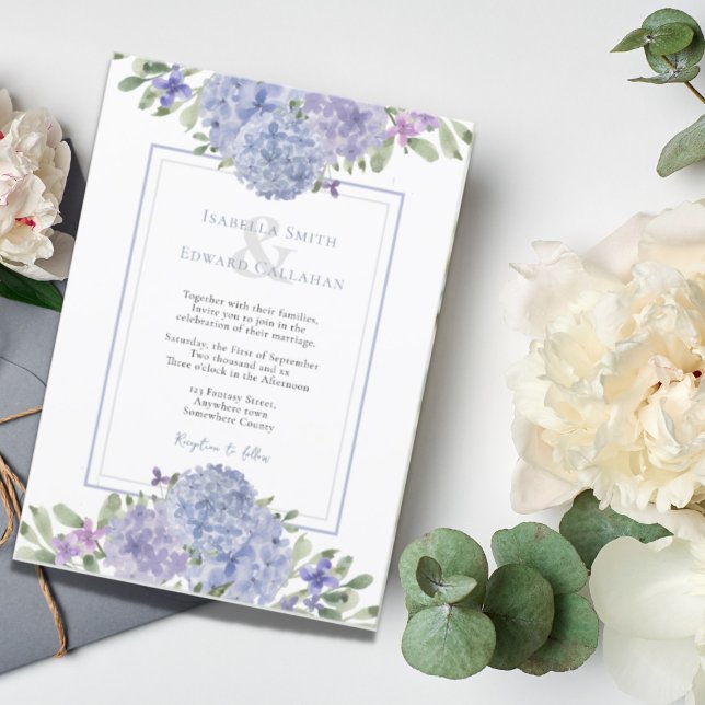 Invitación Acuarela romántica azul turbio hidráneas Boda (Subido por el creador)