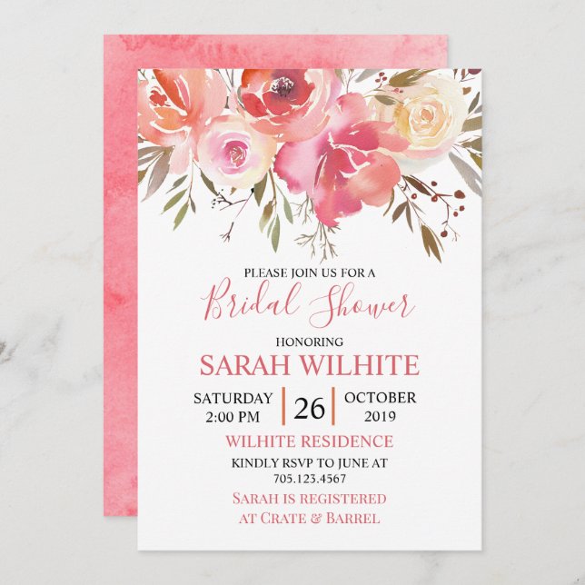 Invitación Acuarela Romántica Floral Bridal Shower (Anverso / Reverso)