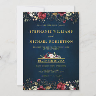 Invitación Acuarela Romántica Floral Burgundy Rojo Azul Oro