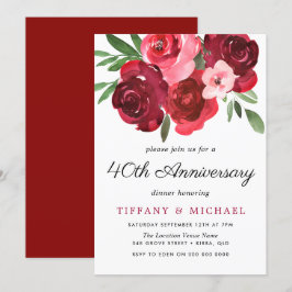 Invitación Acuarela Romántico Rosas Rojas 40 Aniversario