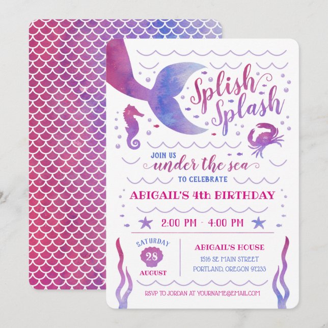Invitación Acuarela rosa bajo el cumpleaños de la sirena mari (Anverso / Reverso)