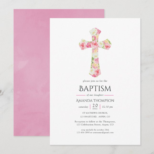 Invitación Acuarela rosa Bautismo floral o cristianismo (Anverso / Reverso)