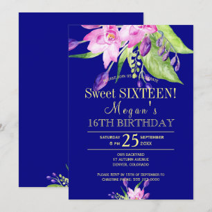 Invitación Acuarela rosa beis naví floral dulces dieciséis