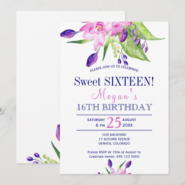 Invitación Acuarela rosa beis naví floral dulces dieciséis (Anverso / Reverso)