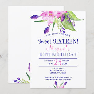 Invitación Acuarela rosa beis naví floral dulces dieciséis