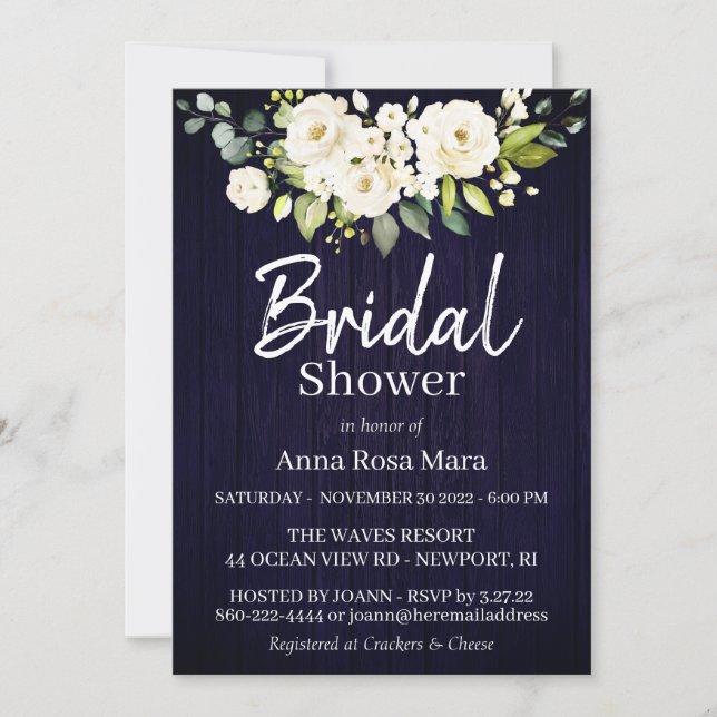 Invitación *~* Acuarela Rosa Blanca Ducha De Novias Rústica (Anverso)