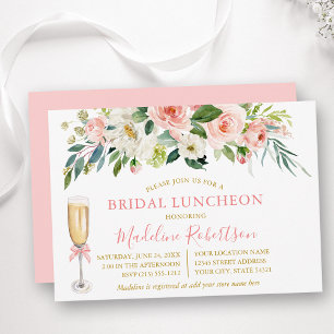 Invitación Acuarela Rosa Blanco Floral Almuerzo Nupcial Dorad
